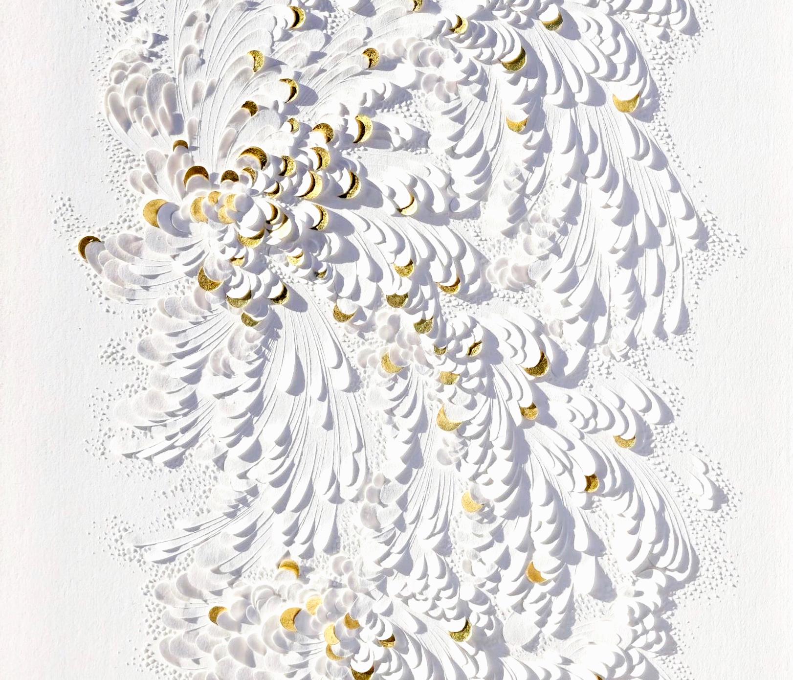 Paper Artwork, Minimalist White Texture/ Gold Leaf, Abstract Floral Patterns I For Sale 5