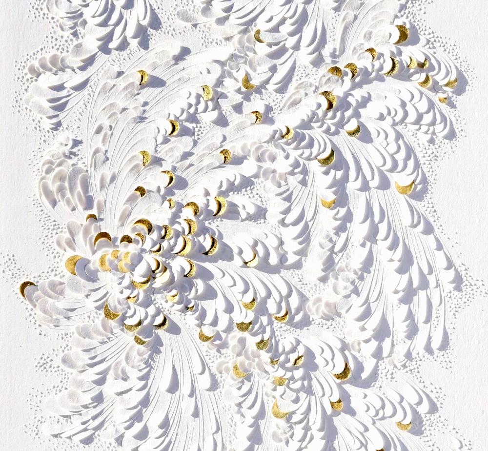 Paper Artwork, Minimalist White Texture/ Gold Leaf, Abstract Floral Patterns I