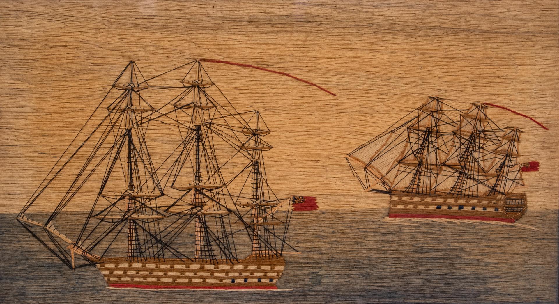 Sailors Woolwork of Two Full Rigged Ships - Folk Art Art by Unknown