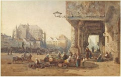 Aquarelle sur papier, Ambiance matinale sur le marché par Palianti Charles Marie (1815
