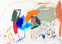 Contemporary Abstract Expressionism Red Blue Orange Accent Gestual Drawing