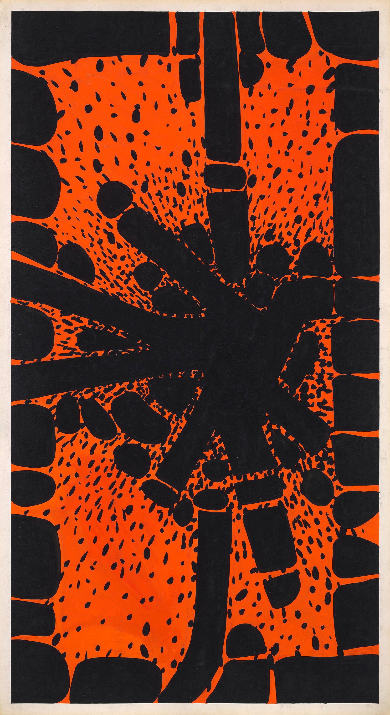 Original handbemaltes Textildesign in Gouache in Schwarz und Orange auf weißem Papier, 70er Jahre