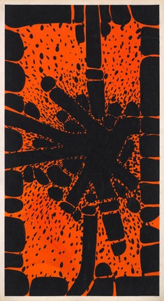 Vintage Original 70's Hand Painted Textile Design Gouache Black & Orange on White Paper