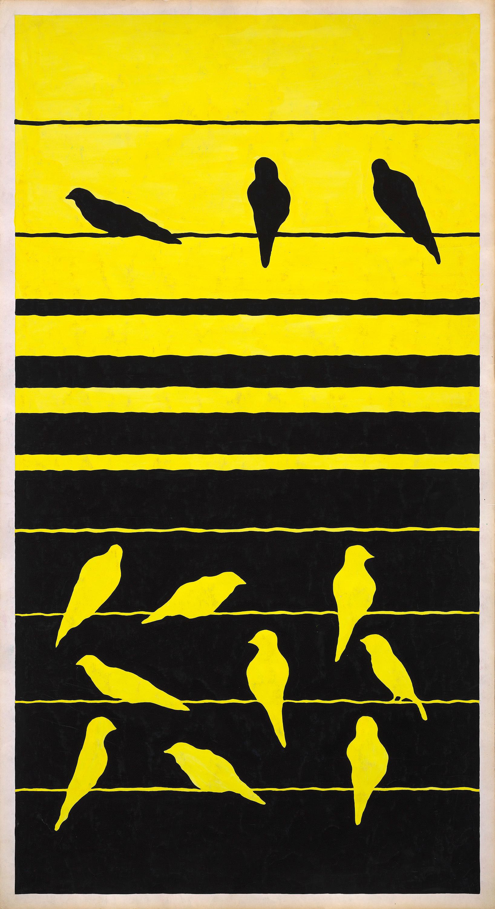 Diseño Textil Original de los 70 Pintado a Mano Aguada Color Amarillo y Negro sobre Papel