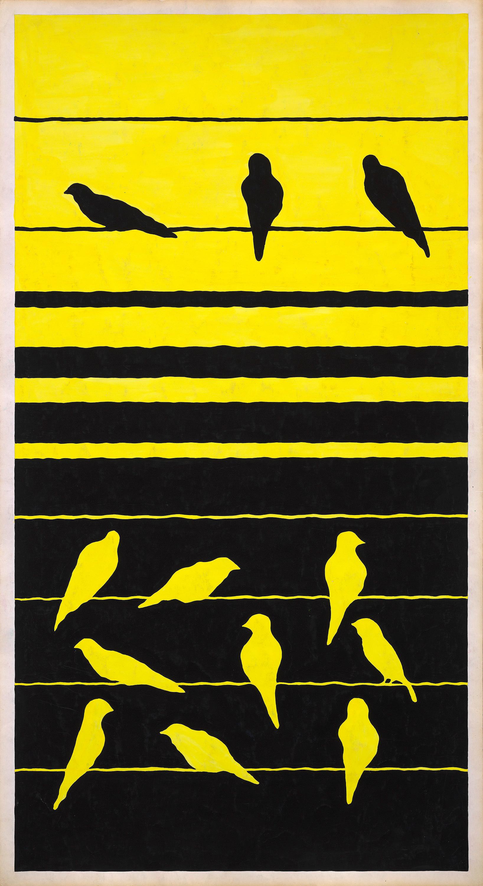 Unknown Animal Art - Original 70's Hand Painted Textile Design Gouache Yellow & Black Color on Paper