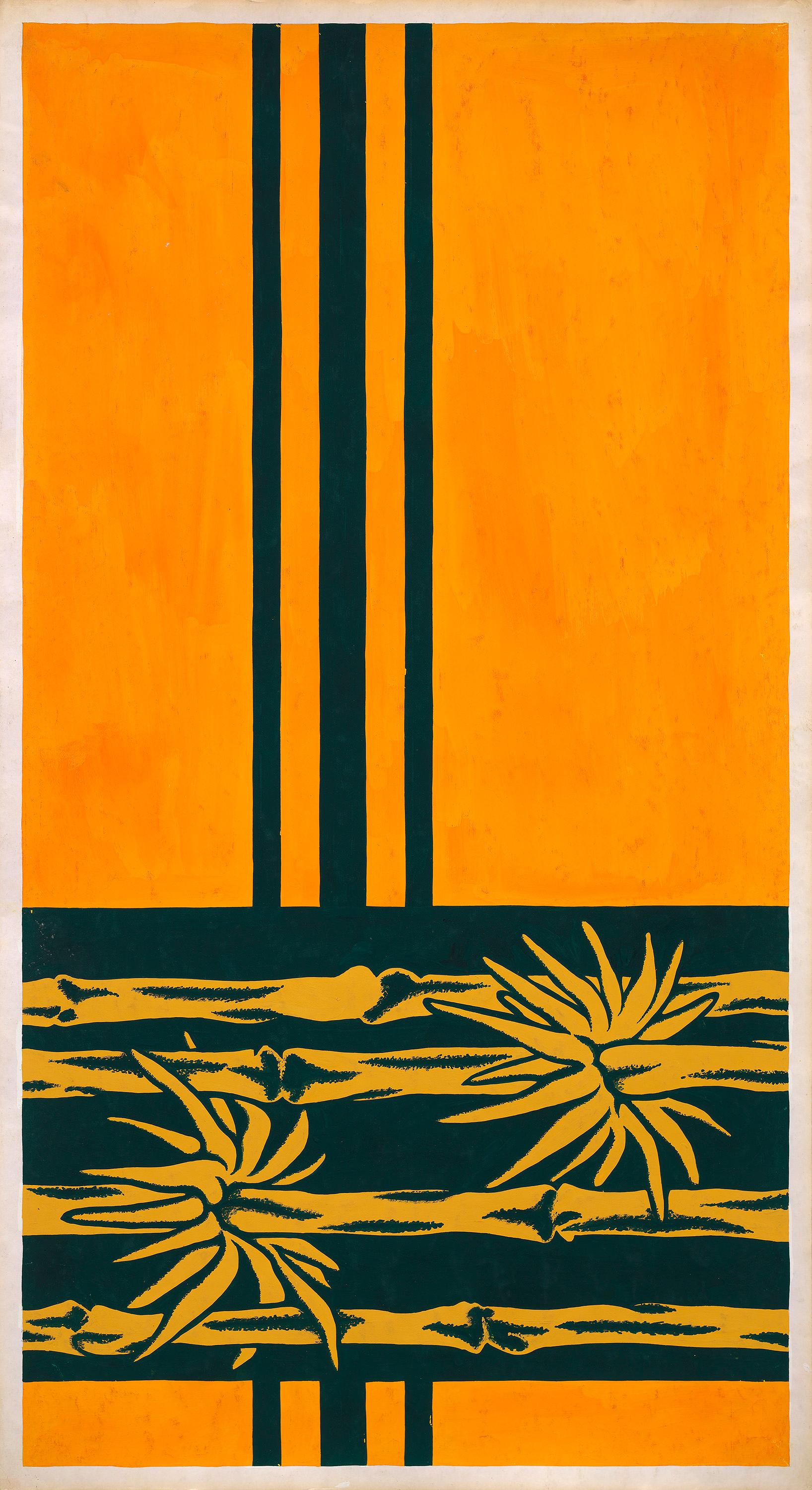 Conception textile originale des années 70 peinte à la main à la gouache, couleur orange et verte sur papier
