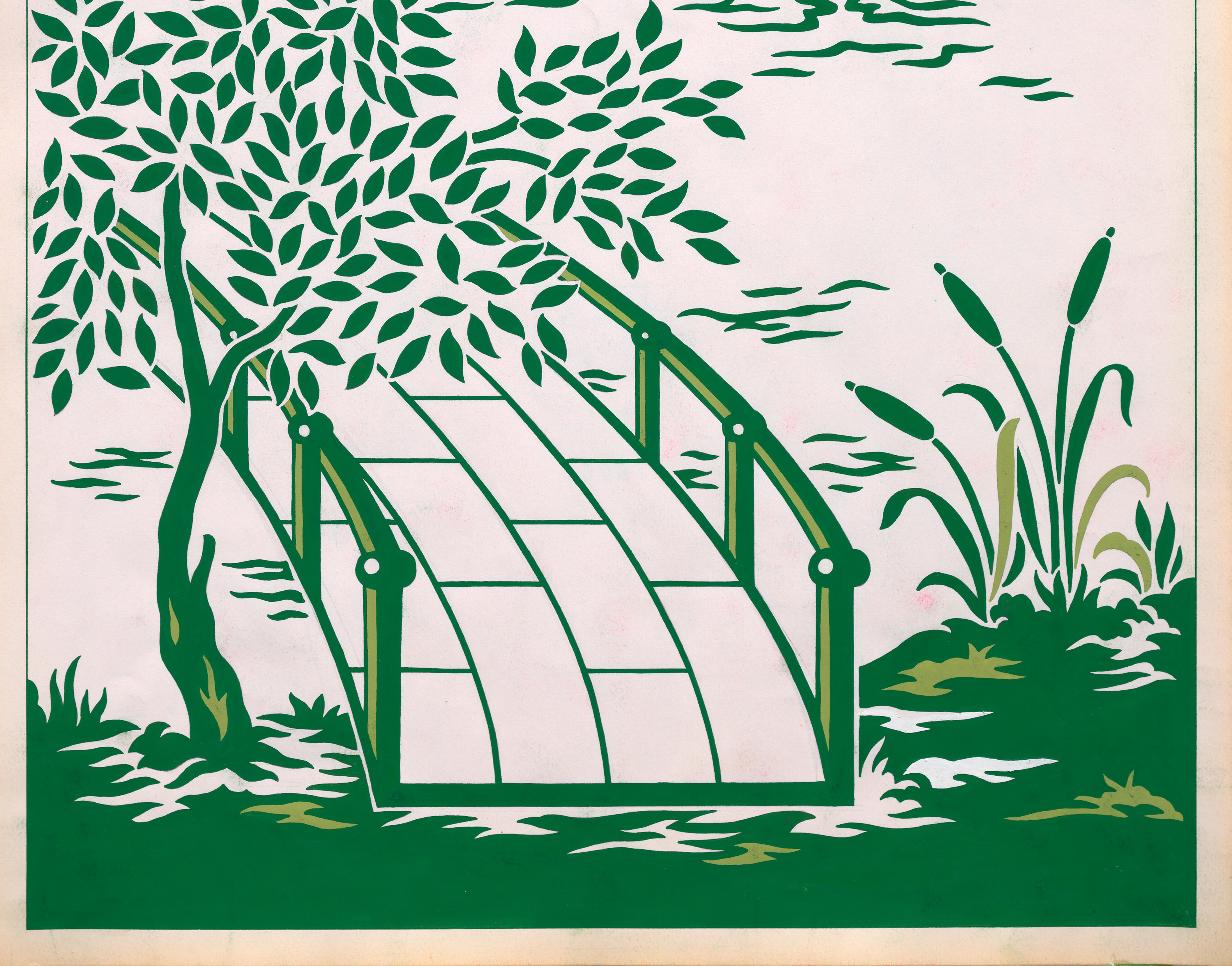 Original handbemaltes Textildesign aus den 70er Jahren mit grünen Gouache-Schirmen auf weißem Papier (Beige), Landscape Painting, von Unknown