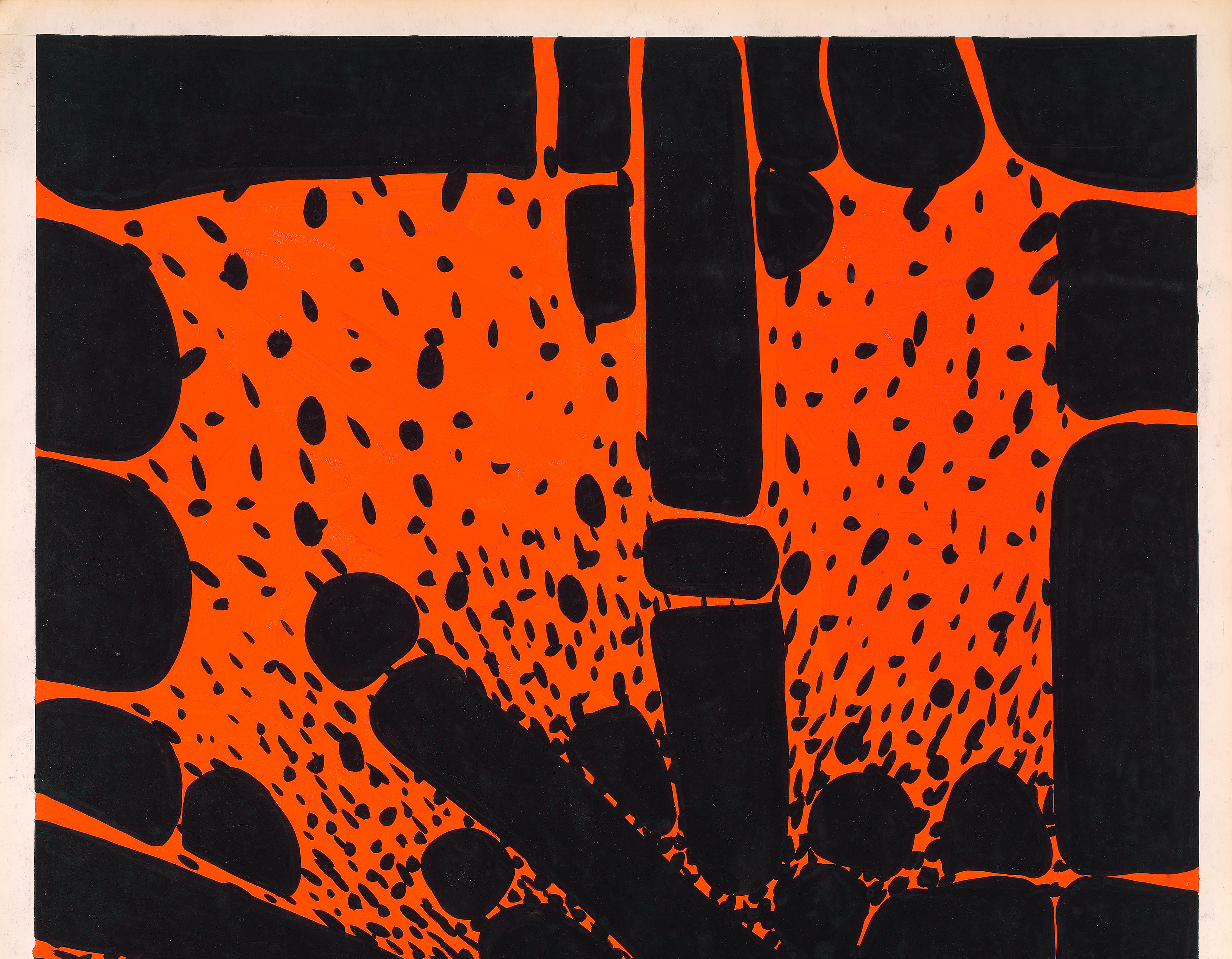 Original 70's Hand Painted Textile Design Gouache Black & Orange on White Paper - Art by Unknown