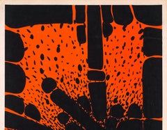 Conception textile originale des années 70 peinte à la main à la gouache noire et orange sur papier blanc