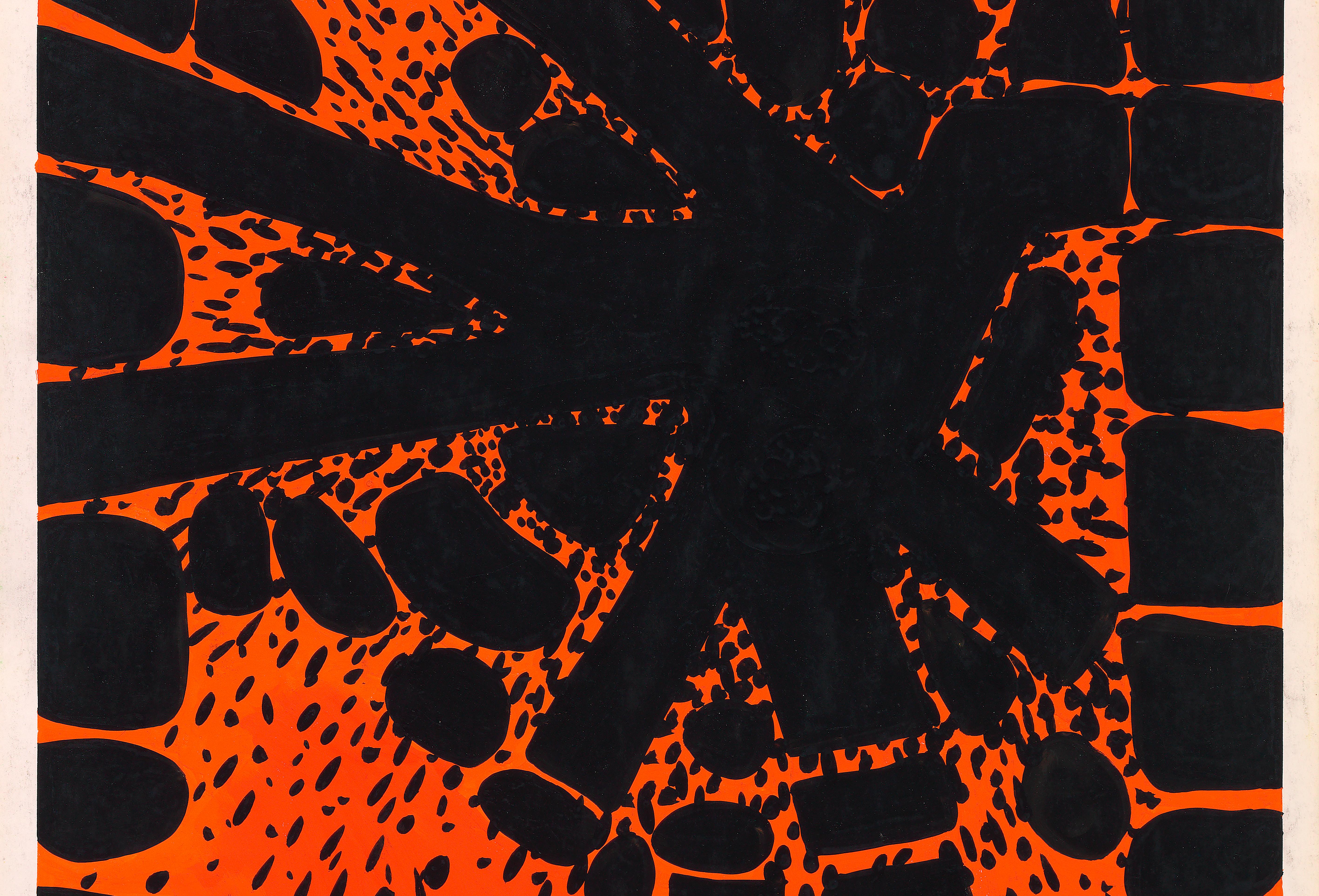 Original 70's Hand Painted Textile Design Gouache Black & Orange on White Paper For Sale 1