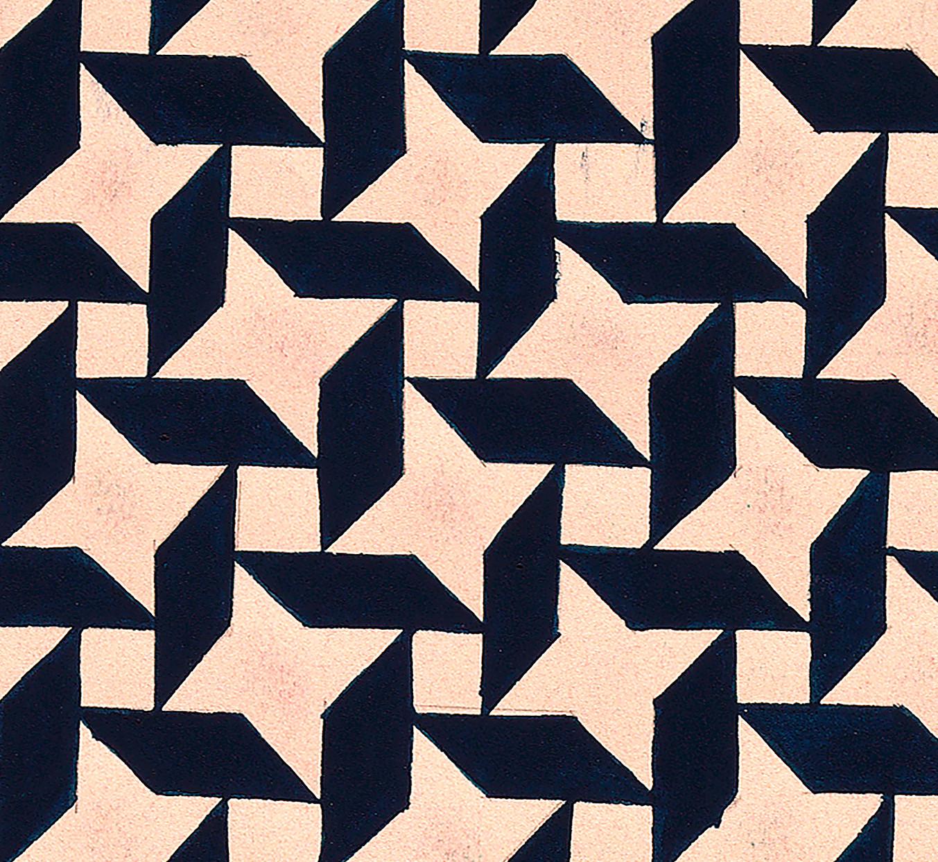 Original handbemaltes Textildesign in Gouache- Marineblau auf weißem Papier, 70er Jahre (Moderne), Painting, von Unknown