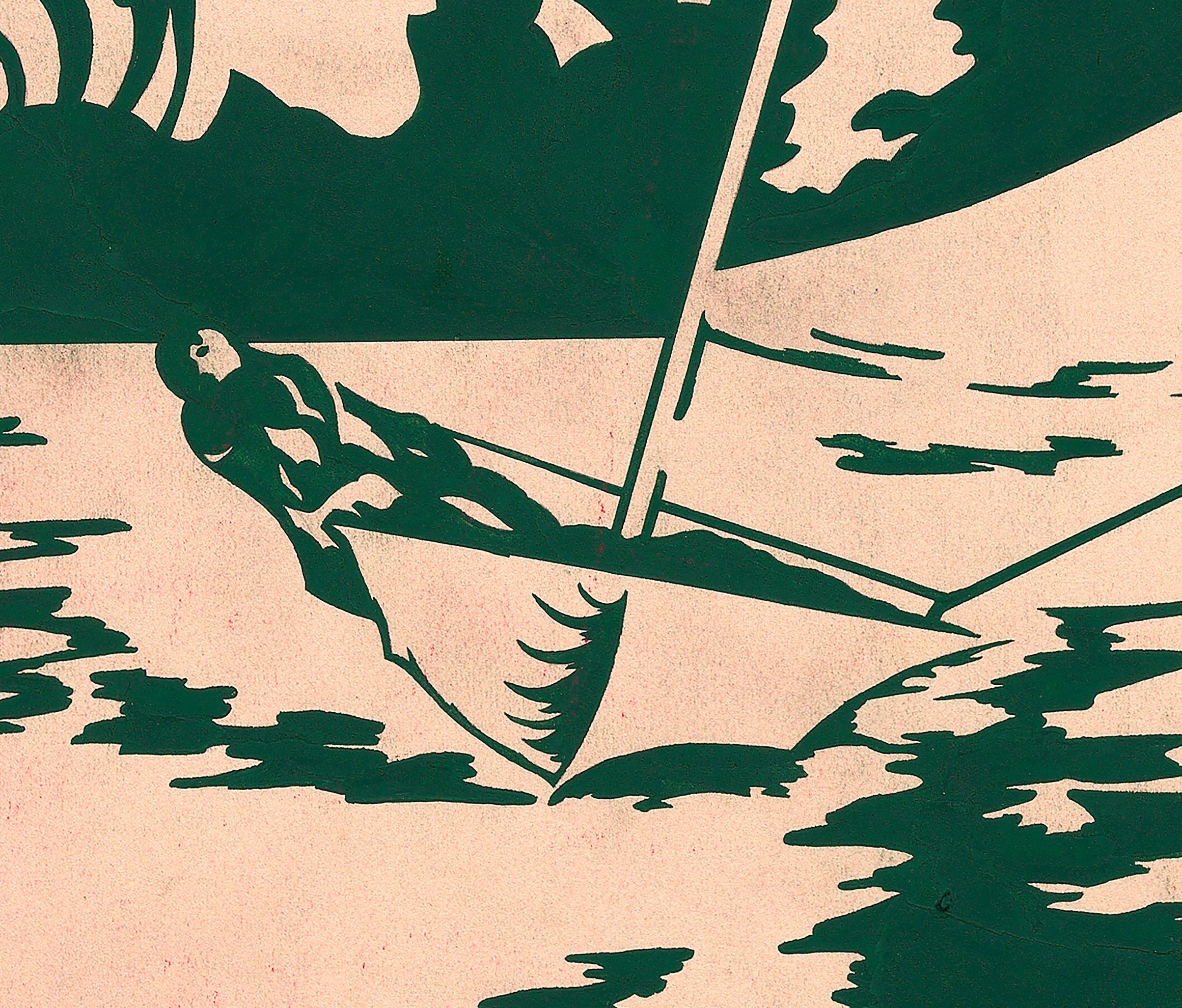 Disegno tessile originale degli anni '70 dipinto a mano a guazzo di colore verde su carta bianca - Art di Unknown