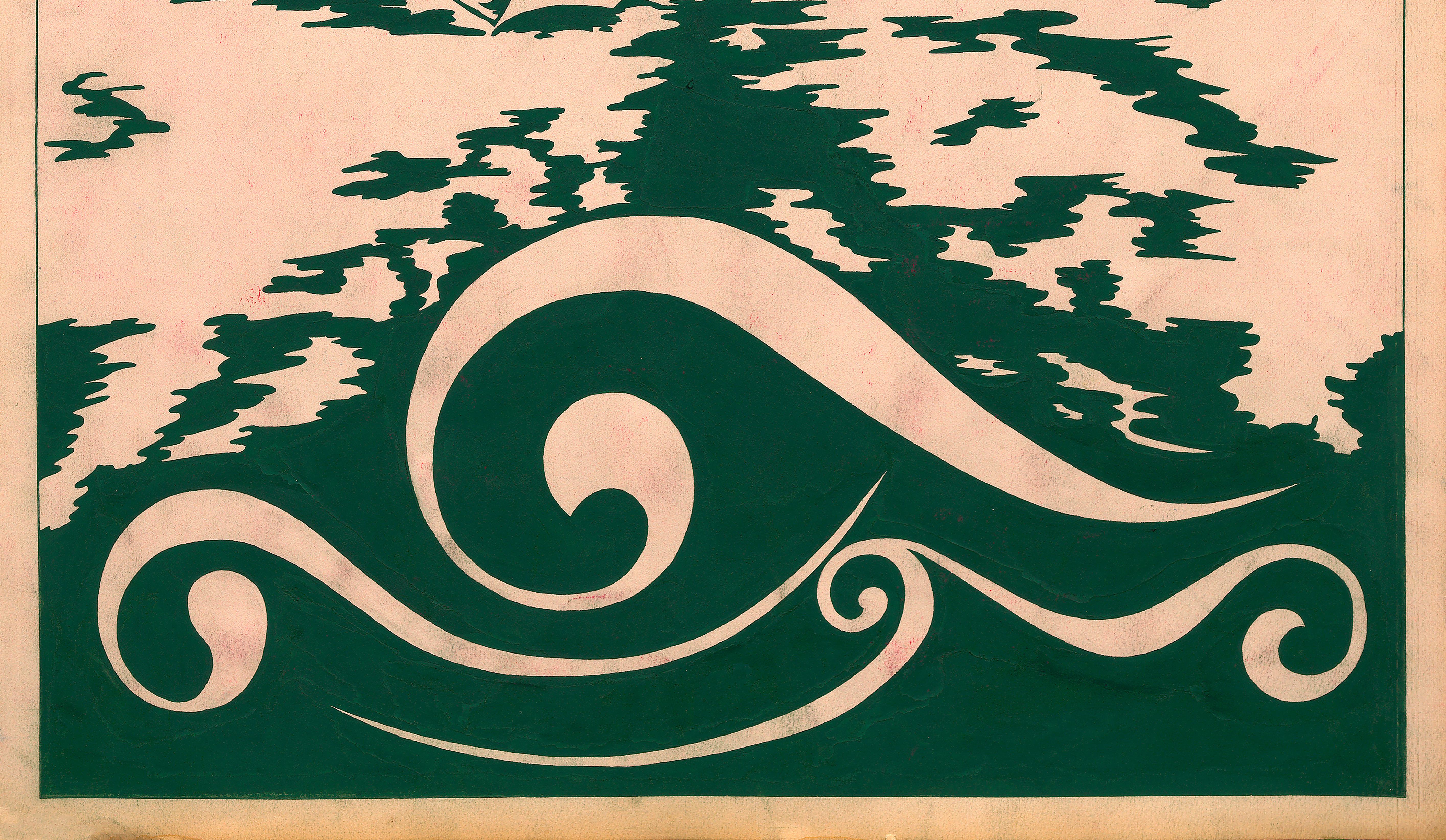 Disegno tessile originale degli anni '70 dipinto a mano a guazzo di colore verde su carta bianca 2