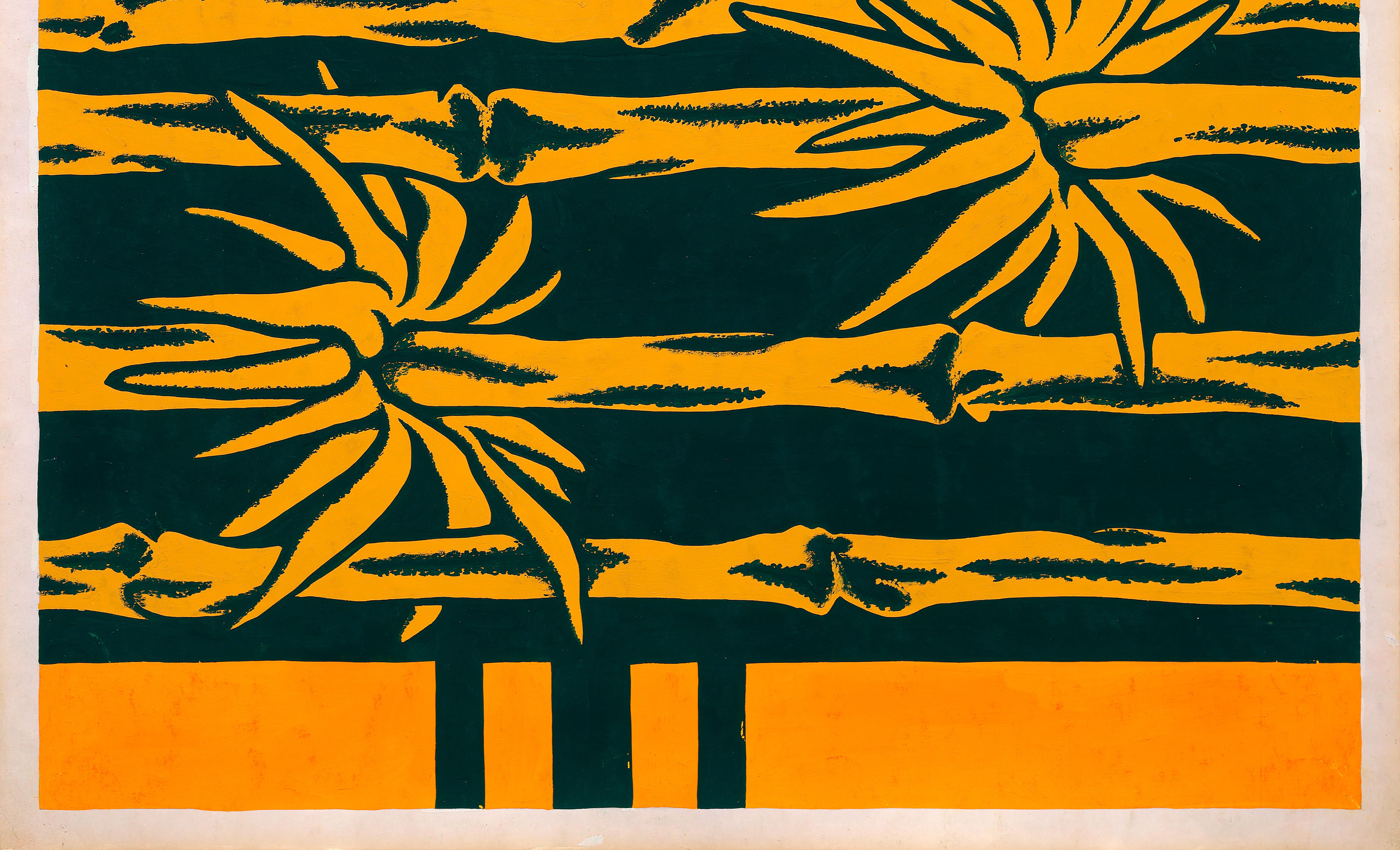 Conception textile originale des années 70 peinte à la main à la gouache, couleur orange et verte sur papier en vente 1