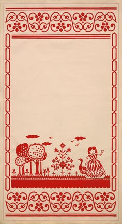 Vintage Original 70's Hand Painted Textile Design Gouache Red Girl&forest on White Paper