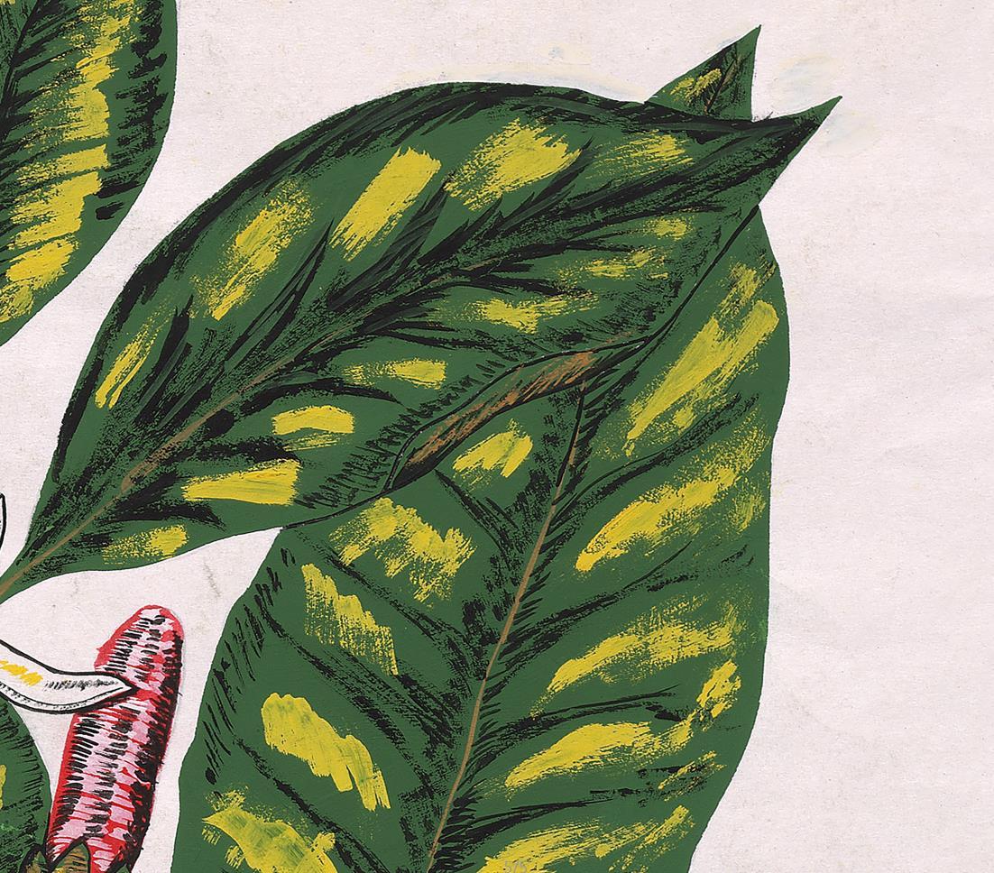 Original handbemaltes Textildesign in Gouache im botanischen Stil auf weißem Papier, 70er Jahre – Painting von Unknown