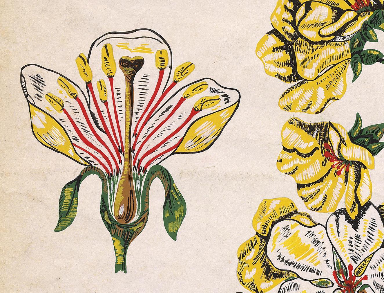 Conception textile originale des années 70 peinte à la main, style botanique à la gouache sur papier blanc - Abstrait Painting par Unknown