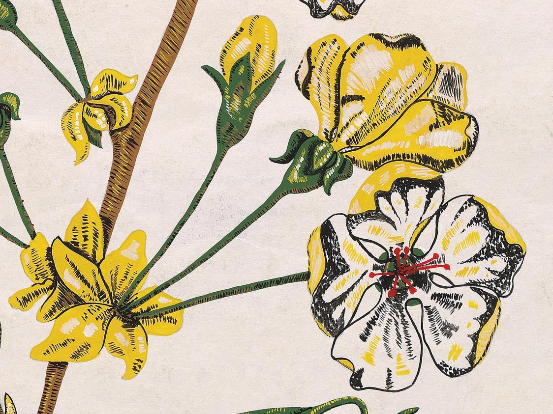 Original handbemaltes Textildesign in Gouache im botanischen Stil aus den 70er Jahren – Art von Unknown
