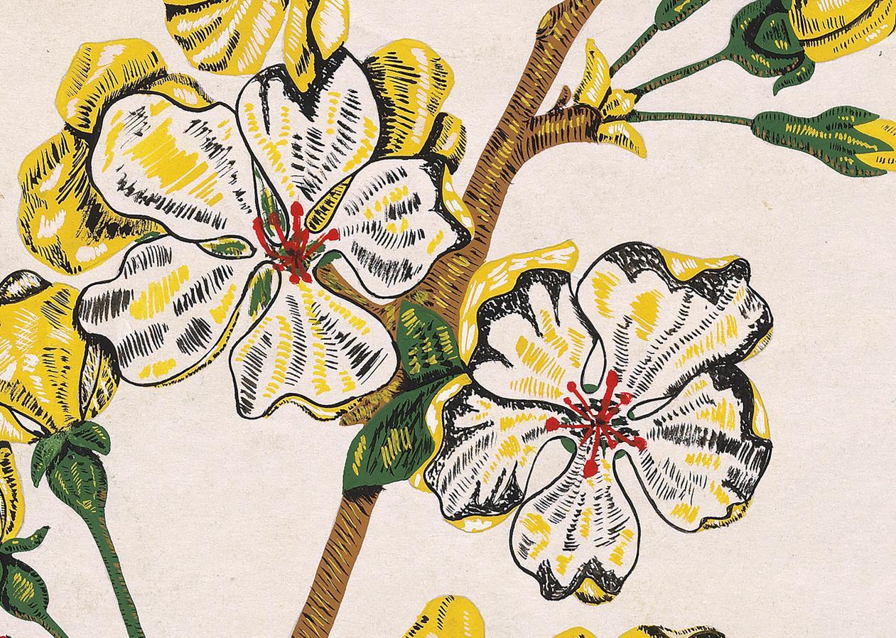 Original 70's Hand Painted Textile Design Gouache botanical style White Paper For Sale 1