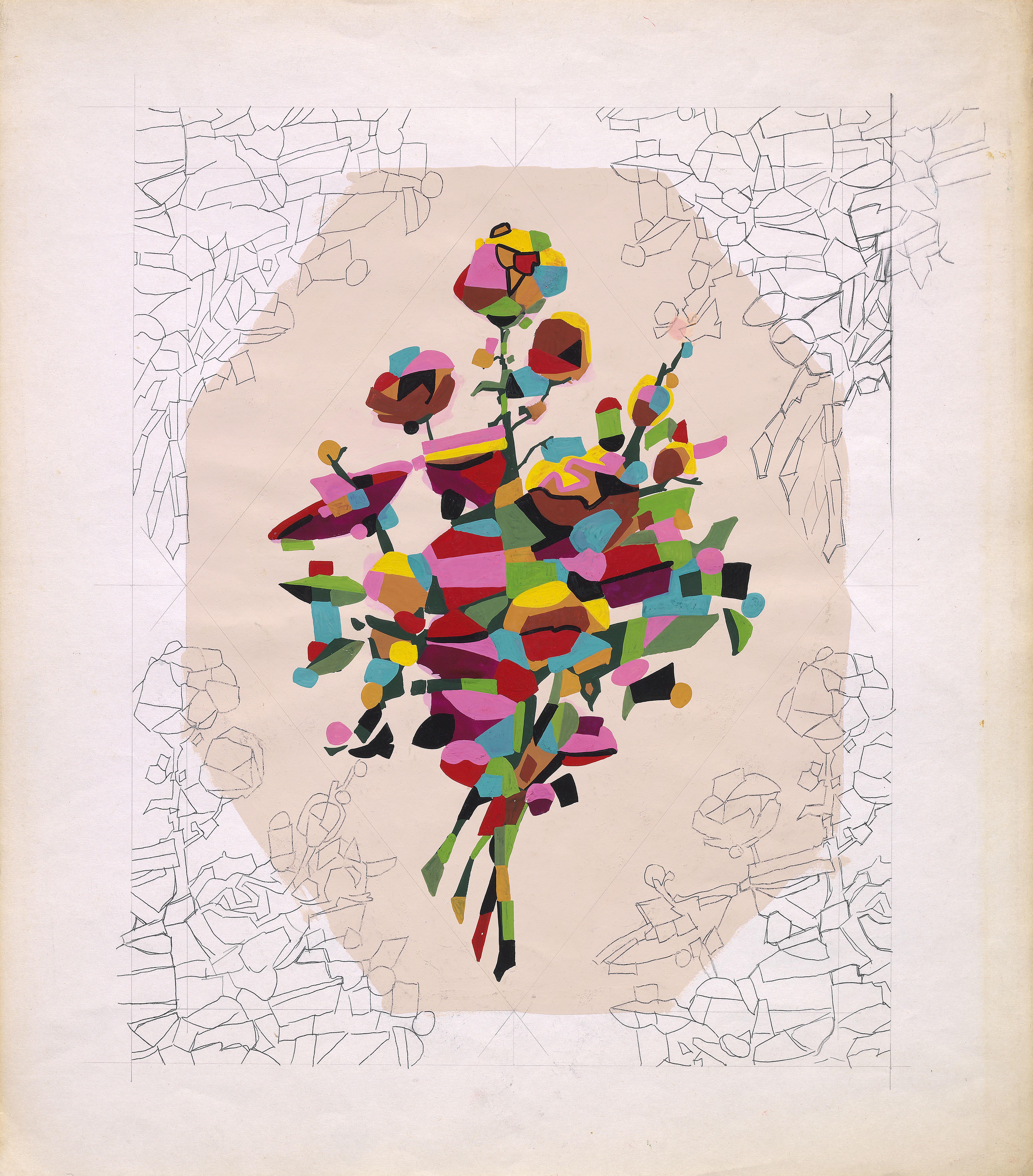 Unknown Abstract Drawing – Original handbemaltes, abstraktes Morden-Weißpapier im Textildesign aus den 70er Jahren