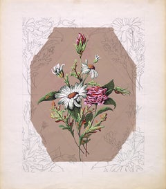 Original 70's Hand Painted Textile Design Gouache a botanical Style White Paper