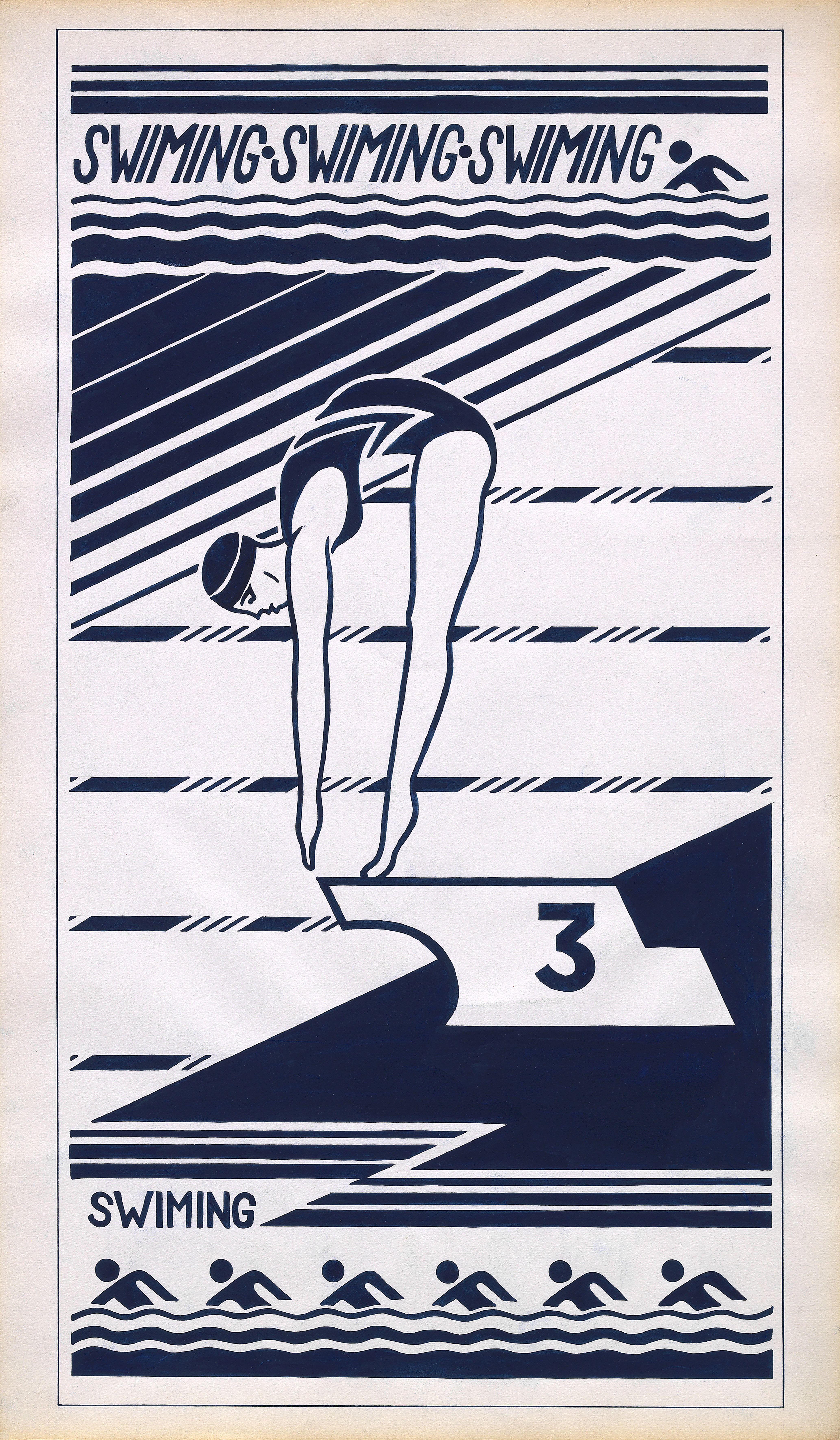 Abstrakter Morden auf weißem Papier, handbemalt in Gouache-Textildesign, 70er Jahre