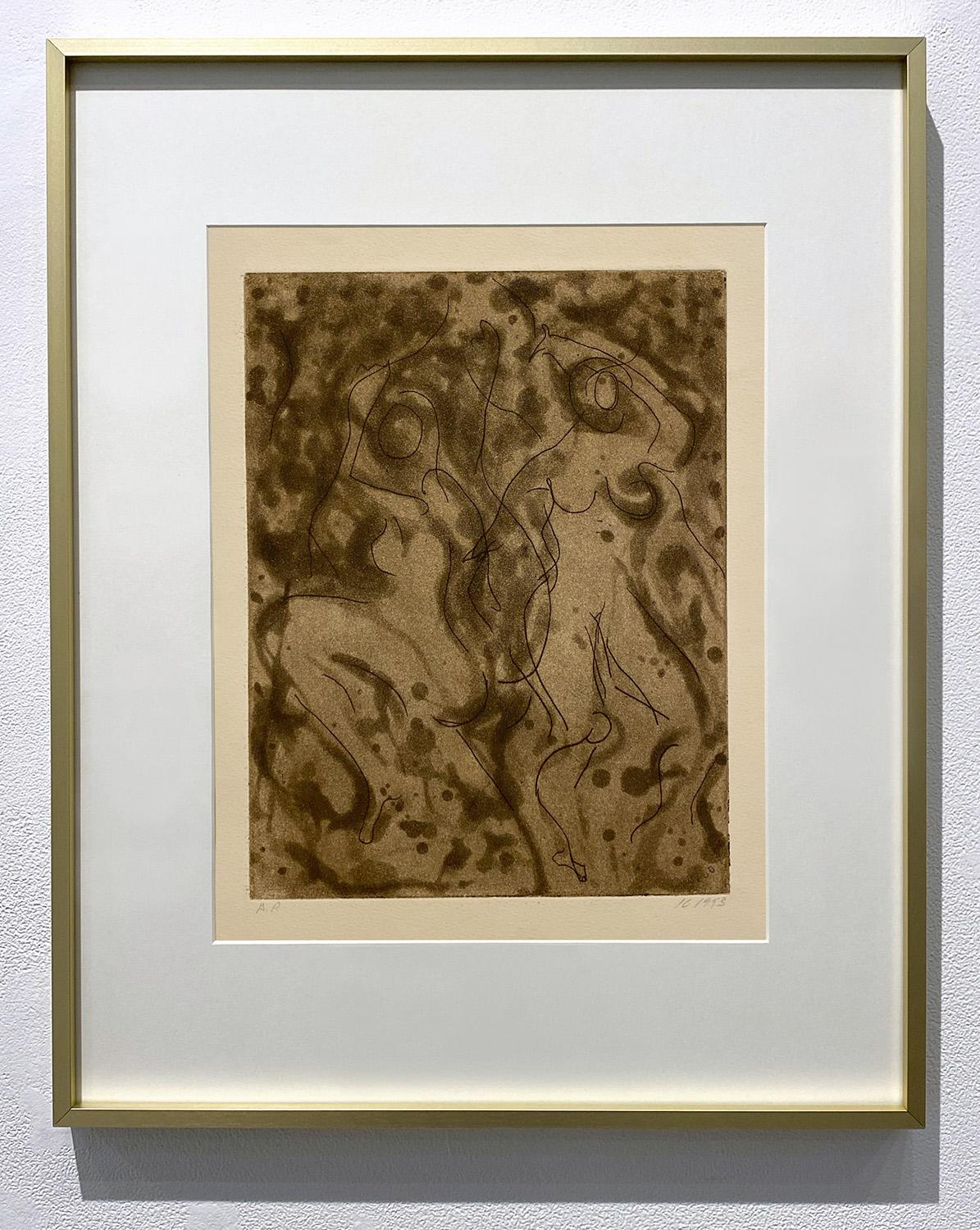 „Dancing in the Dark“ Intaglio-Radierung auf Baumwollpapier, handkoloriert, gerahmt – Art von Indira Cesarine