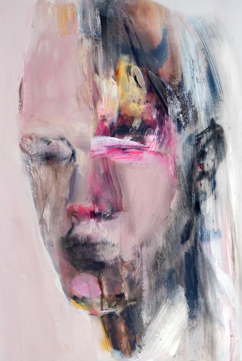 "Distorted Portrait #4" Figurative Painting, Watercolor on Paper, Wood Panel - Art by Martha Zmpounou