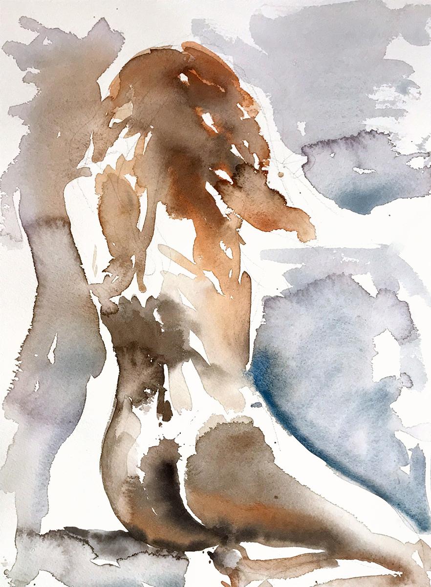Indira Cesarine Figurative Art - "Anna No 3" Painting, Watercolor on Arches Cotton Paper, Shadow Box Frame, Nude
