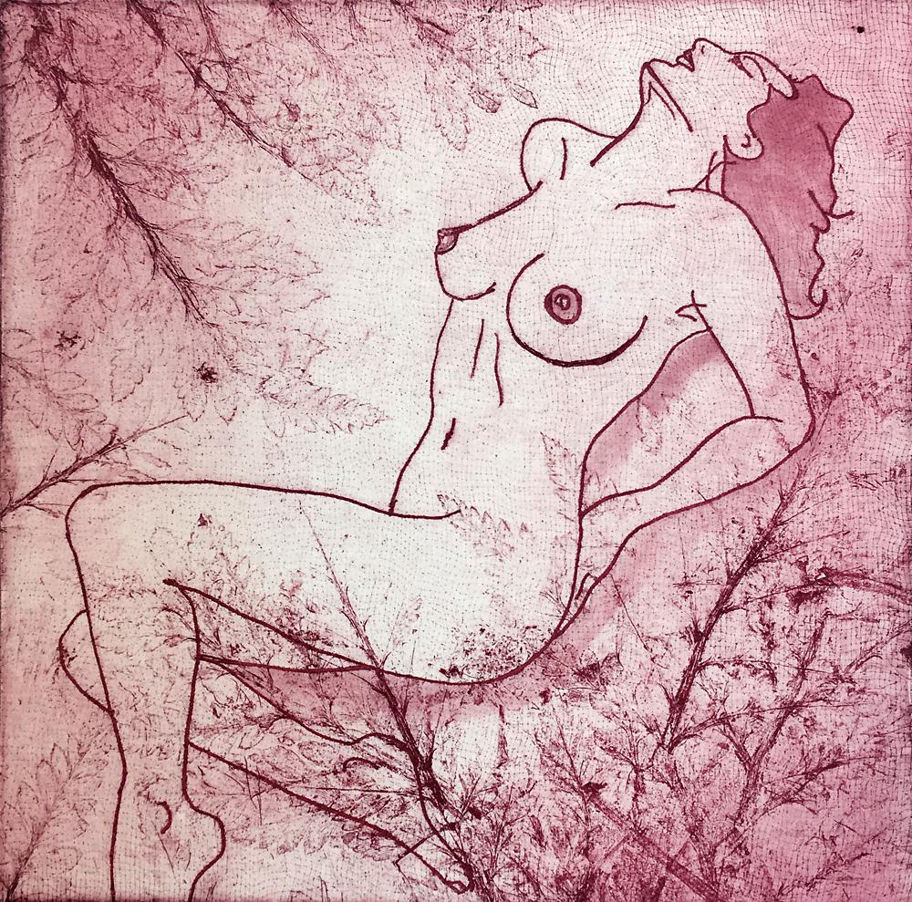 "Girl in Red" Intaglio Etching and Watercolor on Cotton Paper, Figurative, Nude