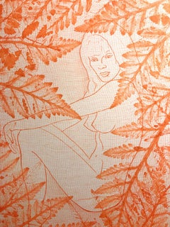 "Eve in the Leaves" Intaglio Etching, Watercolor on Rives Cotton Paper, Framed