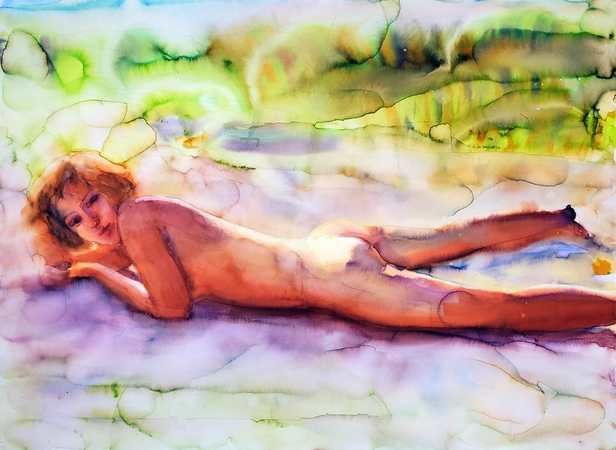 Elena Chestnykh  Figurative Art - "Alone with Summer" Figurative Painting, Watercolor, Ink, Framed