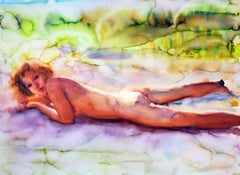 "Alone with Summer", peinture figurative, aquarelle, encre, encadrée