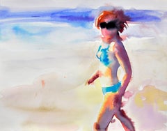 "A Funny Day" Figurative Painting, Watercolor, Landscape, Beach, Framed