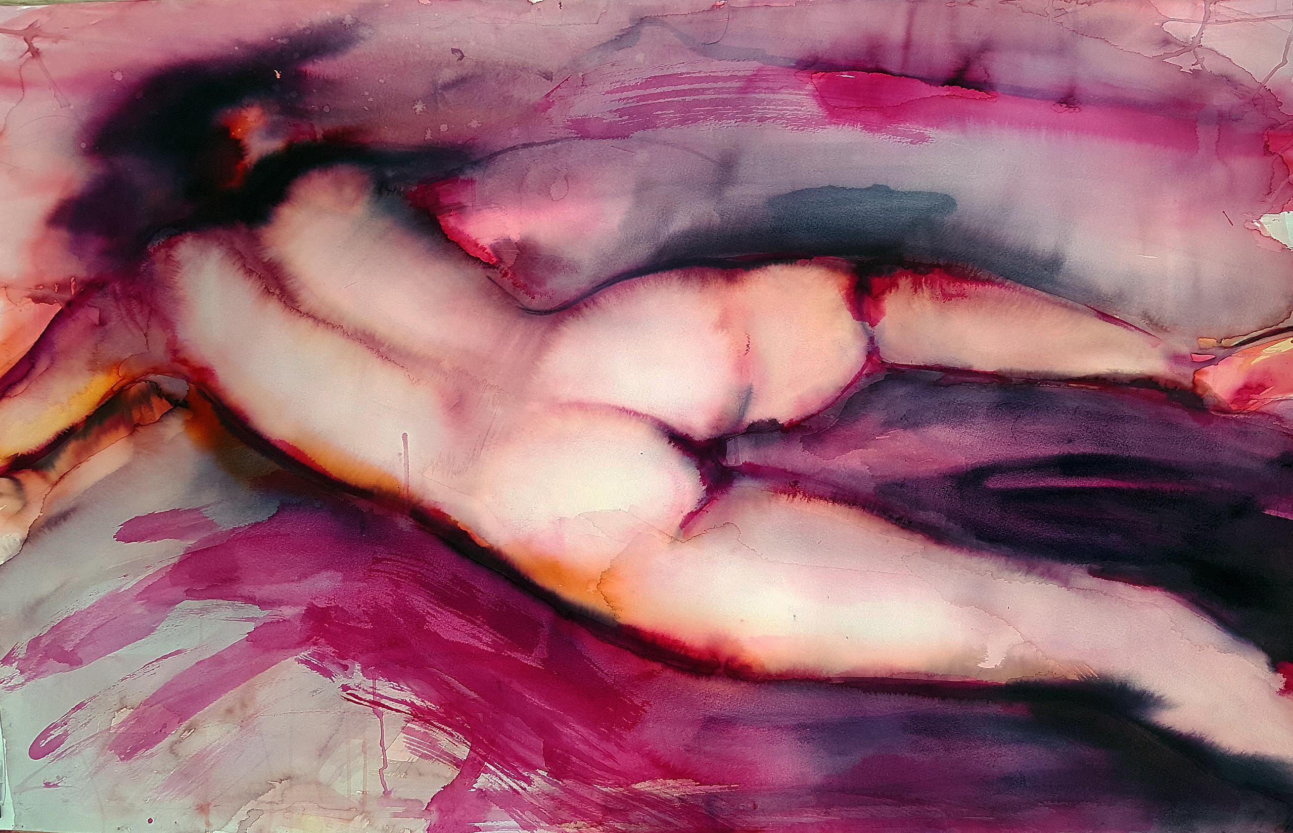 "Dreams and Passions (EC #6)" Figurative Painting, Nude, Ink, Watercolor, Framed - Art by  Elena Chestnykh