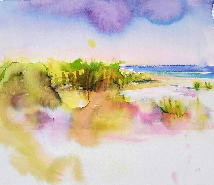 "Dreamland" Watercolor on Paper, Landscape, Beach, Framed - Art by  Elena Chestnykh
