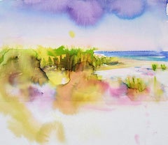 Aquarelle sur papier « Dreamland », paysage, plage, encadrée
