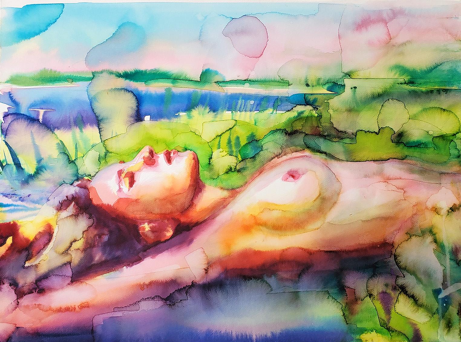 „Dreaming by the River“ Figurative Zeichnung, Akt, lebhaft, Aquarell, gerahmt