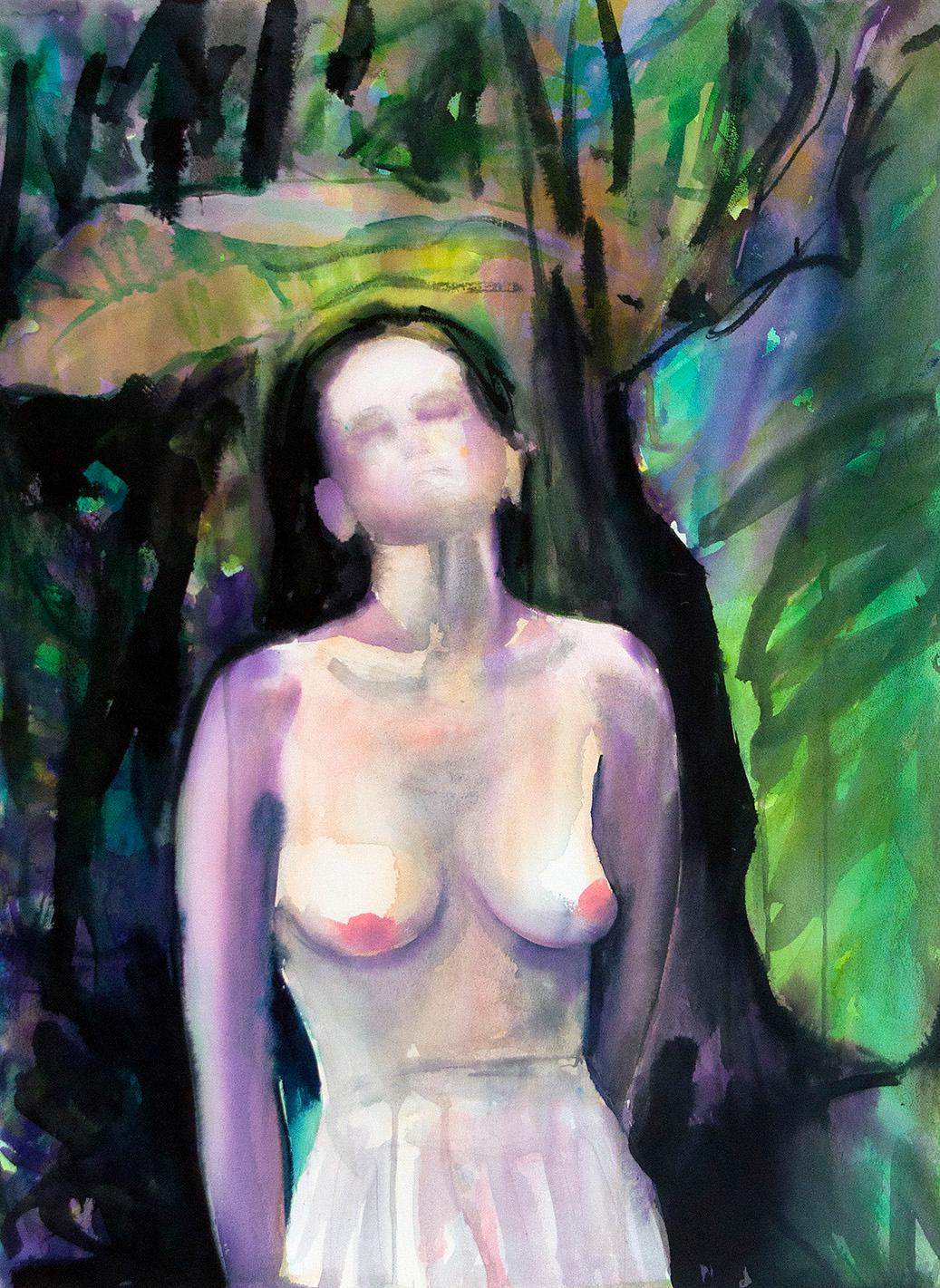 "Enchanted" Watercolor on Paper, Figurative Nude Portrait, Forest, Framed - Art by  Elena Chestnykh