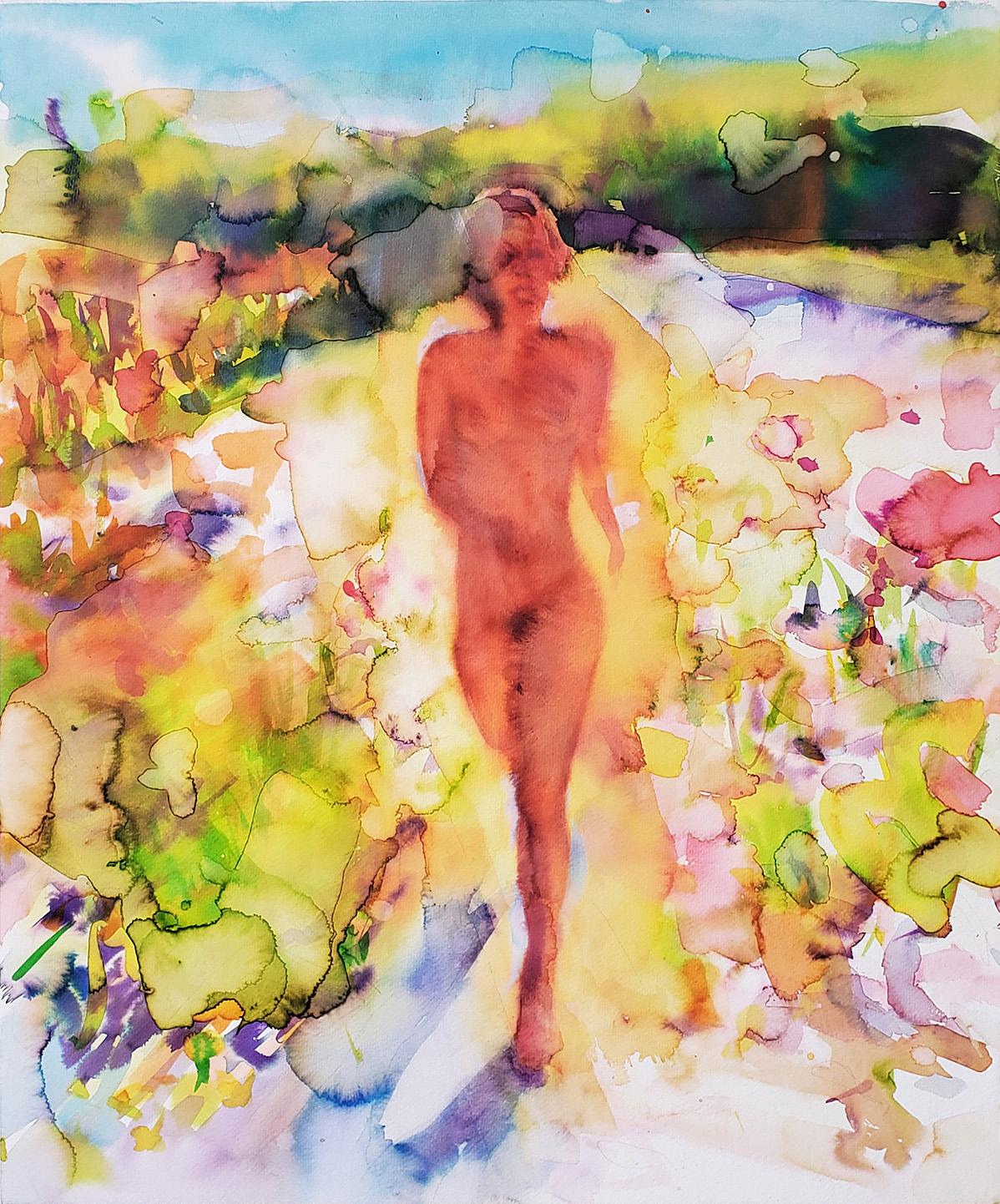"Flowers and Butterflies" Figurative Painting, Nude, Nature, Framed - Art by  Elena Chestnykh