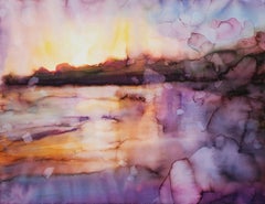 "Night Moths at Low Tide" Watercolor on Paper, Landscape, Beach, Sunset