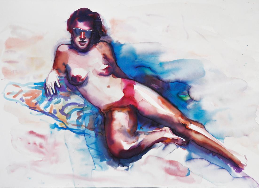 "On the Beach Again" Figurative Painting, Nude, Beach, Watercolor, Framed - Art by  Elena Chestnykh