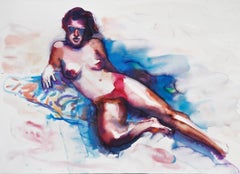 Peinture figurative « On the Beach Again », nu, plage, aquarelle, encadrée