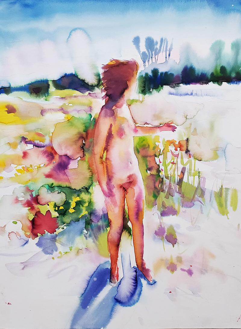 "One Happy Summer" Figurative Painting, Nude, Nature, Floral, Framed - Art by  Elena Chestnykh