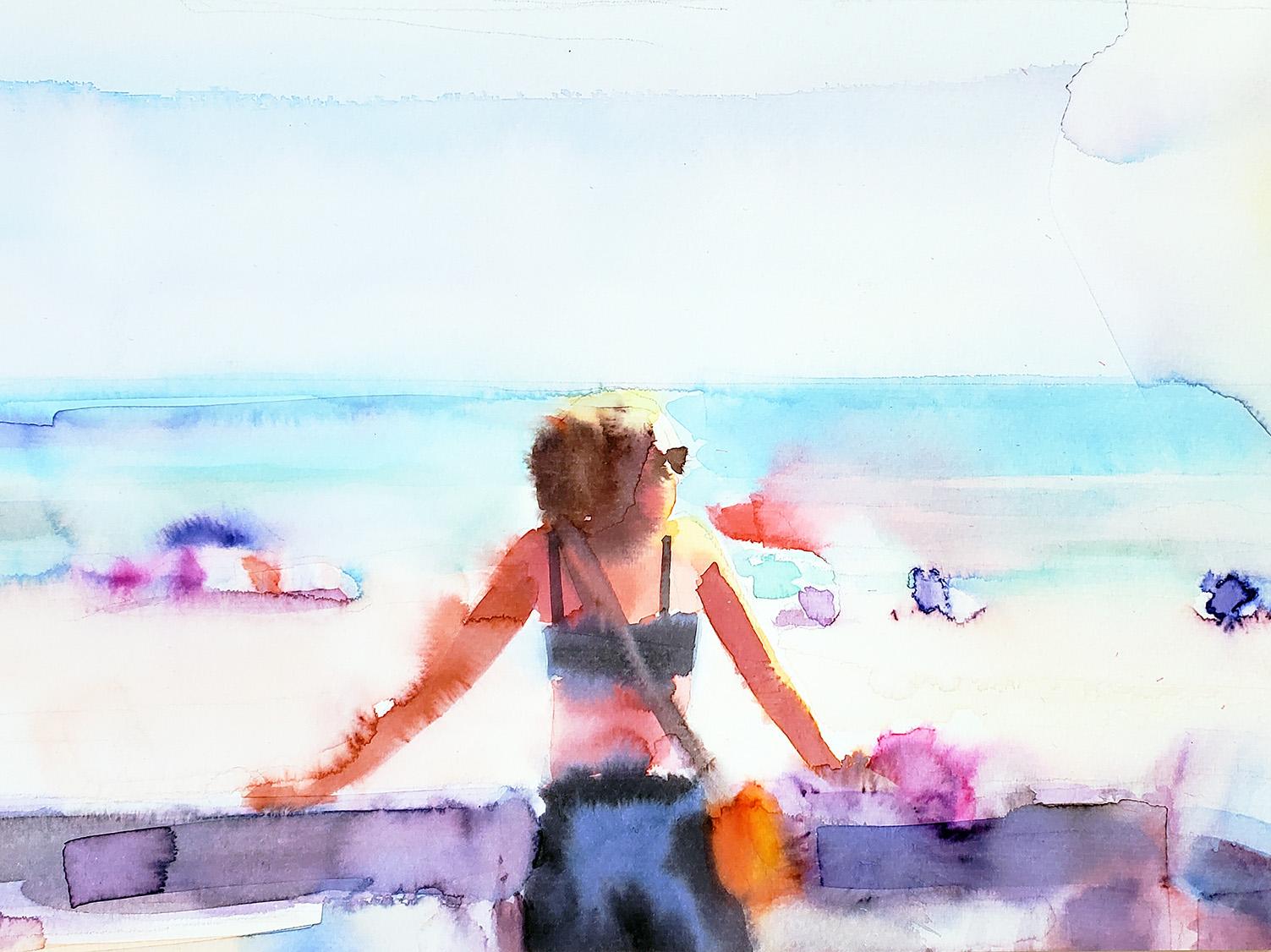  Elena Chestnykh Figurative Art - "One Summer Day" Figurative Painting, Watercolor, Beach, Landscape, Framed