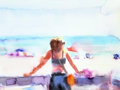 "One Summer Day" Figurative Painting, Watercolor, Beach, Landscape, Framed
