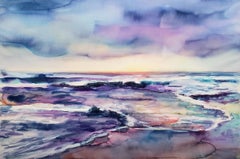 "Only Sky and Ocean" Watercolor on Paper, Landscape, Beach, Framed