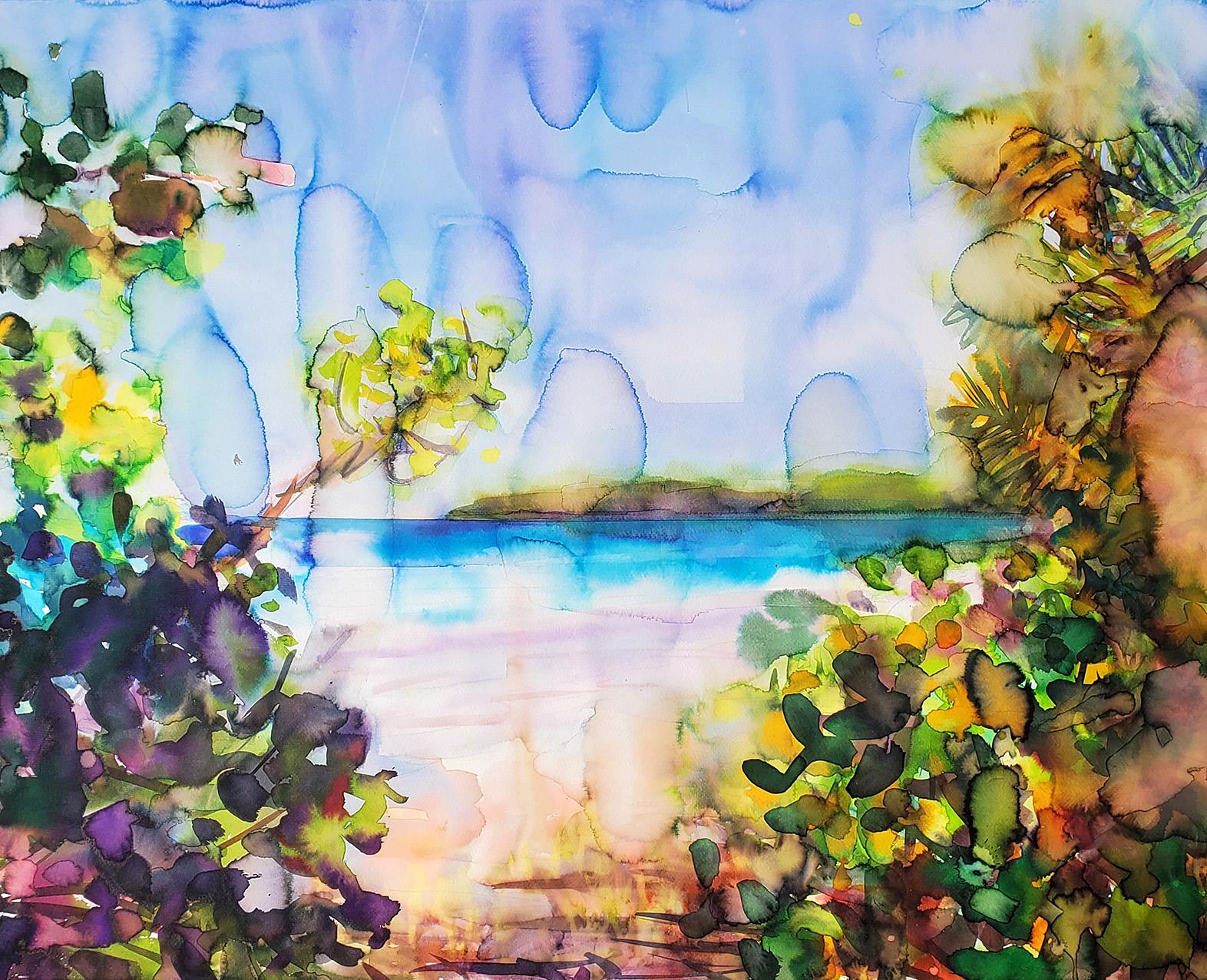  Elena Chestnykh Landscape Art – „Paradise Island“ Aquarell auf Papier, Landschaft, Strand, gerahmt