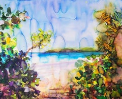 Aquarelle sur papier « Paradise Island », paysage, plage, encadrée