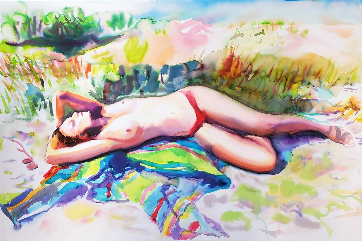 "Placid Morning" Figurative Painting, Beach, Nude Watercolor on Paper, Framed - Art by  Elena Chestnykh